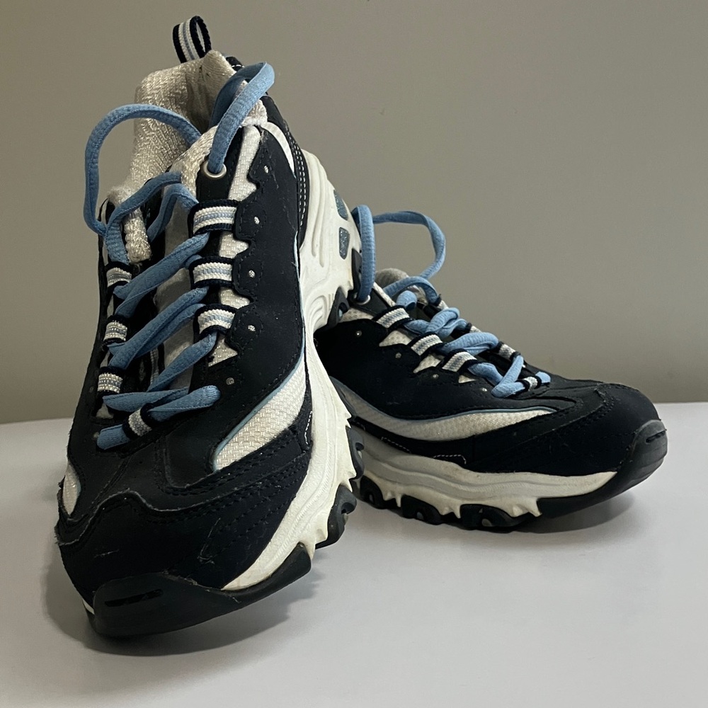 Skechers Black and White Shoes with Blue Laces